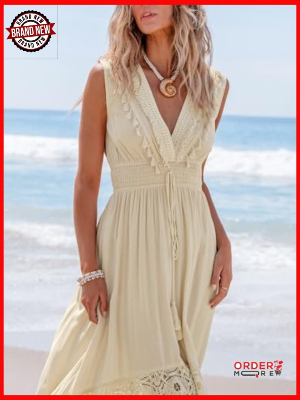 V-Neck Sleeveless Maxi Dress with Lace Tassel Smocked Waist - Picture 5 of 7